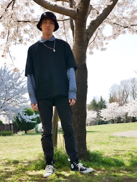 「UNIQLOU」｜「アイテム（帽子）」を使った、何気にファンタジーさん（メンズ・173cm）の春コーディネート