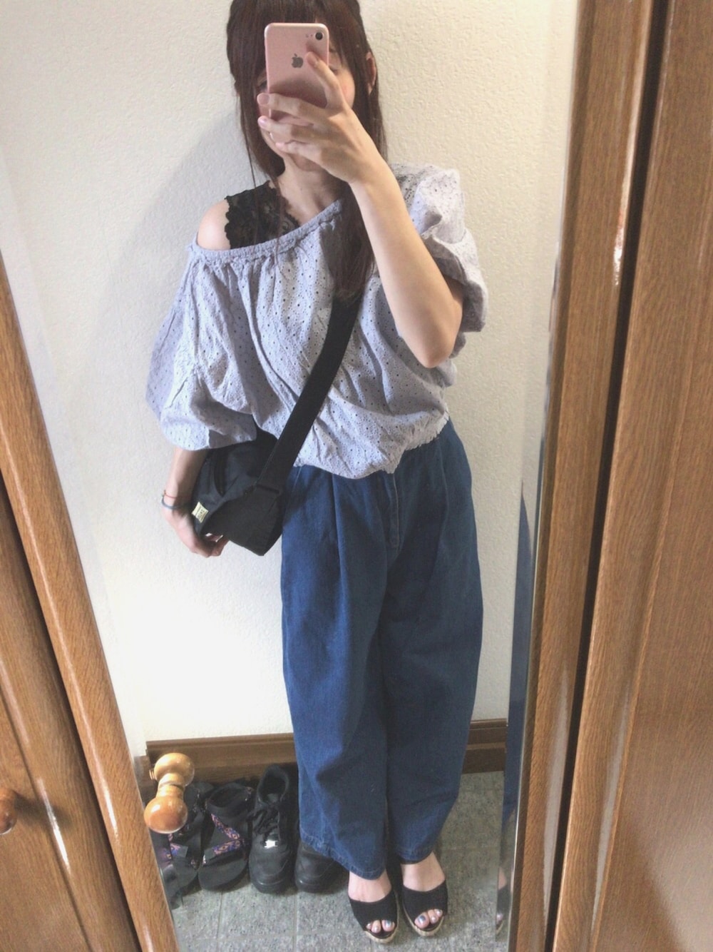 「グリーンルーム、フェススタイル」｜「Kastaneのアイテム（シャツ/ブラウス、パープル系）」を使った、ゅけ☆さん（レディース・158cm）の春コーディネートの1枚目の写真