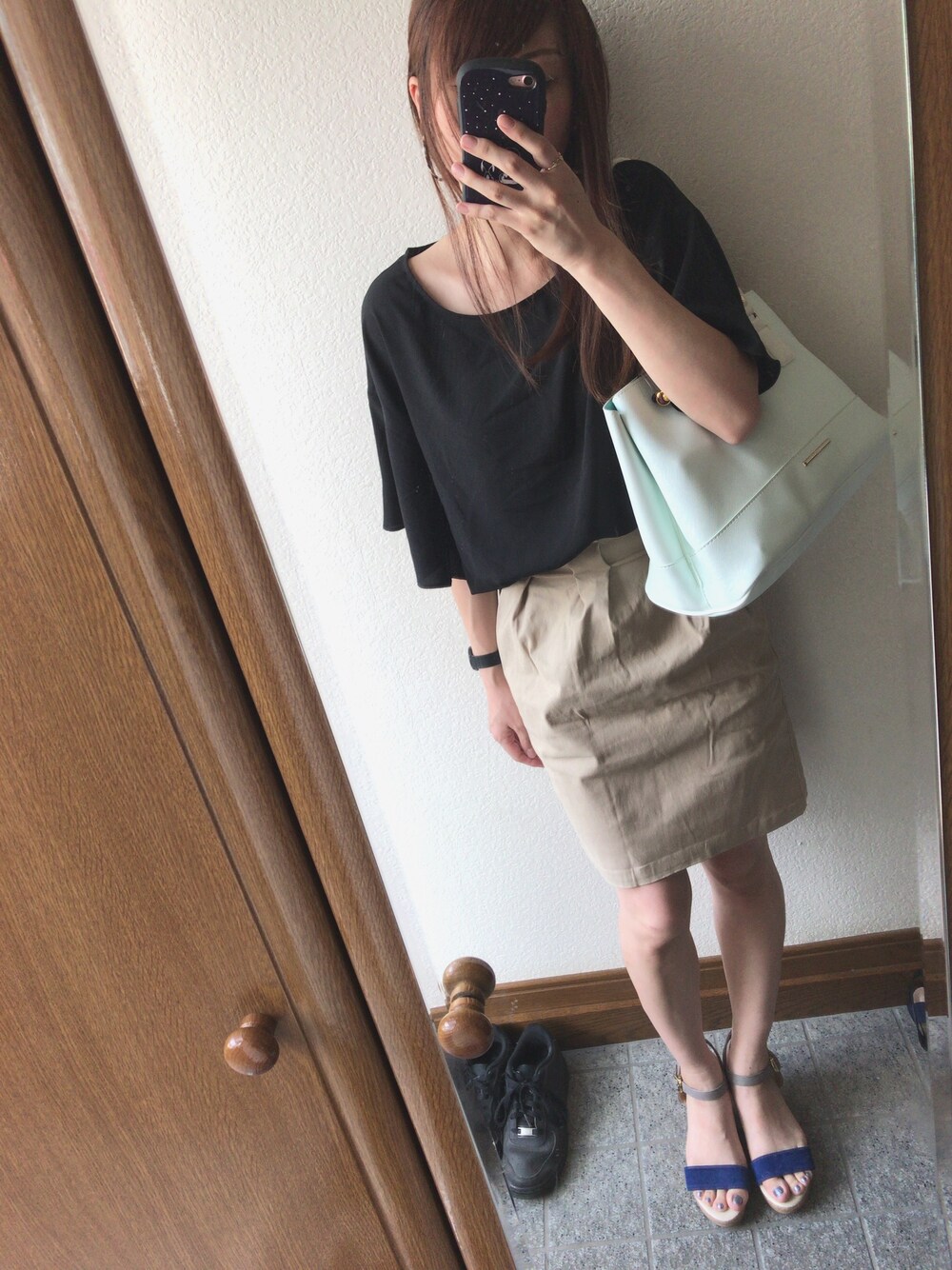 「大さん、休日スタイル」｜「DISCOATのアイテム（シャツ/ブラウス、ブラック系）」を使った、ゅけ☆さん（レディース・158cm）の夏コーディネートの1枚目の写真