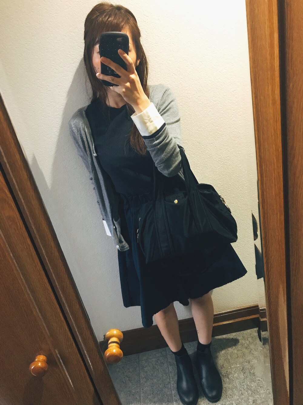 「雨の日コーデ」｜「cache cacheのアイテム（ショルダーバッグ、ブラック系）」を使った、ゅけ☆さん（レディース・158cm）の秋コーディネートの1枚目の写真