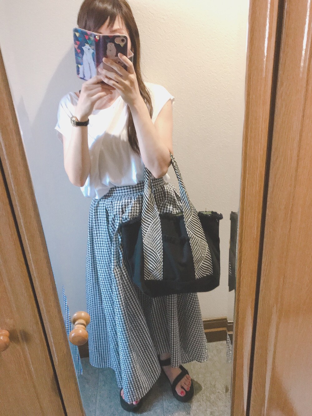 「休日コーデ」｜「GUのアイテム（Tシャツ/カットソー、ホワイト系）」を使った、ゅけ☆さん（レディース・158cm）の夏コーディネートの1枚目の写真