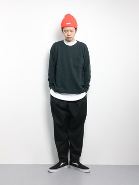 「KaneZ（ケインズ）のアイテム（ニットキャップ/ビーニー）」を使った、まっこいさん（メンズ・176cm）の冬コーディネート