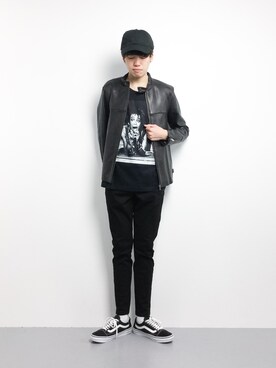 「NOLLEY’S（ノーリーズ）のアイテム（ライダースジャケット）」を使った、まっこいさん（メンズ・176cm）の冬コーディネート
