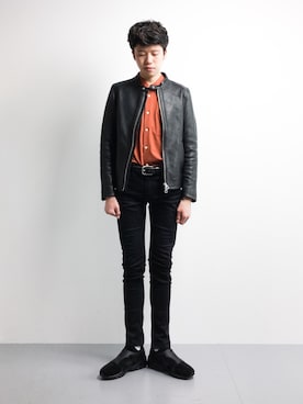 「HARE（ハレ）のアイテム（ライダースジャケット）」を使った、まっこいさん（メンズ・176cm）の冬コーディネート