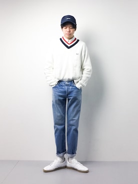 「FRED PERRY（フレッドペリー）のアイテム（ニット/セーター）」を使った、まっこいさん（メンズ・176cm）の冬コーディネート