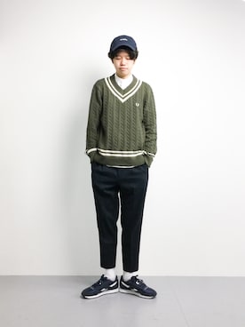 「FRED PERRY（フレッドペリー）のアイテム（ニット/セーター）」を使った、まっこいさん（メンズ・176cm）の冬コーディネート