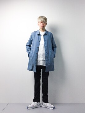 「STUDIOUS（ステュディオス）のアイテム（ステンカラーコート）」を使った、まっこいさん（メンズ・178cm）の春コーディネート