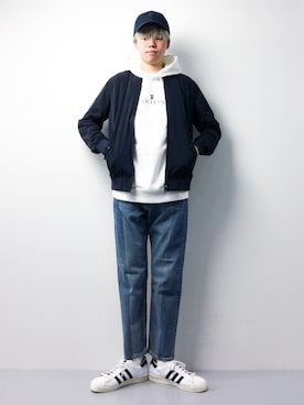 「原宿」｜「アイテム（ミリタリージャケット）」を使った、まっこいさん（メンズ・178cm）の春コーディネート