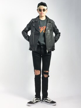 「ロックT」｜「アイテム（ライダースジャケット）」を使った、まっこいさん（メンズ・178cm）の夏コーディネート
