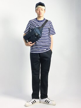 「アイテム（ショルダーバッグ、ブルー系）」を使った、まっこいさん（メンズ・178cm）の夏コーディネート