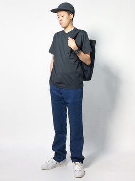 「アイテム（バックパック/リュック、ブルー系）」を使った、まっこいさん（メンズ・178cm）の夏コーディネート
