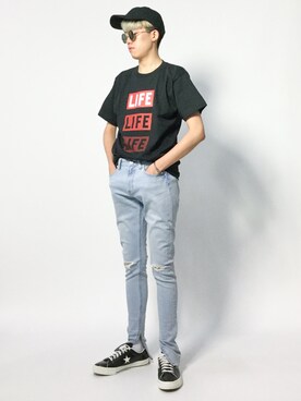 「MONKEY TIME（モンキータイム）のアイテム（デニムパンツ）」を使った、まっこいさん（メンズ・178cm）の夏コーディネート