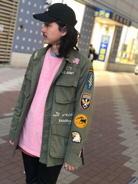 「刺繍」｜「アイテム（ミリタリージャケット）」を使った、purinさん（メンズ・173cm）の冬コーディネート