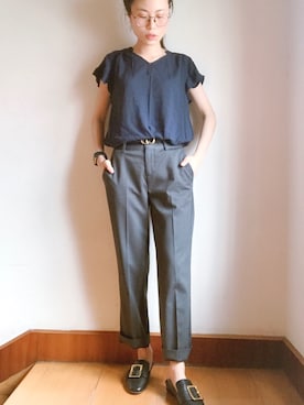 「通勤穿搭」｜「アイテム（スリッポン）」を使った、桃核儿theさん（レディース・157cm）の夏コーディネート