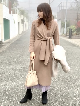 「高見え」｜「アイテム（ノーカラーコート）」を使った、miyukitty518さん（レディース・158cm）の冬コーディネート
