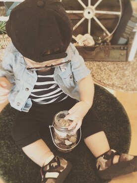 「アイテム（タンクトップ、ブルー系）」を使った、あさん（キッズ・80cm）の夏コーディネート