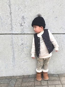 「動物モチーフ」｜「アイテム（ニットキャップ/ビーニー）」を使った、RYU ◡̈♡さん（キッズ・90cm）の冬コーディネート