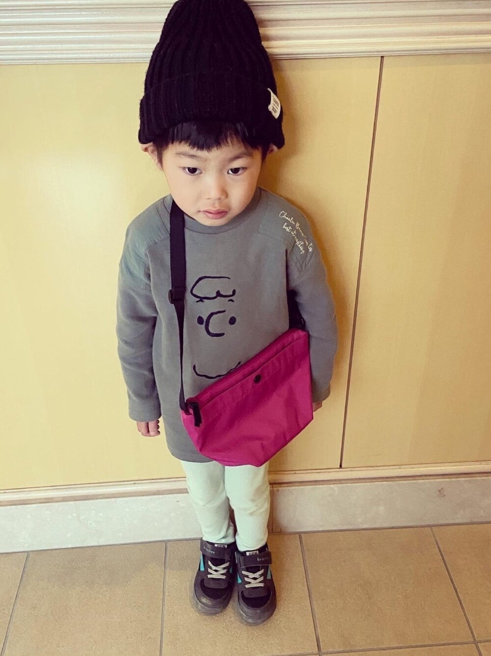 「パステル映える春、桜もちコーデフェス2020、5歳、男の子、プティマイン(petit main)、チャーリー・ブラウン、保育園、今日のコーデ、kids、ホワイトデー」｜「UNIQLOのアイテム（バッグ、ピンク系）」を使った、ゆうき◡̈⋆さん（キッズ・110cm）の春コーディネートの1枚目の写真