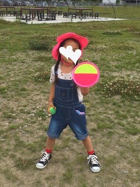 「しまむら（シマムラ）のアイテム（オールインワン・サロペット、ブルー系）」を使った、KiKiさん（キッズ・138cm）の夏コーディネート