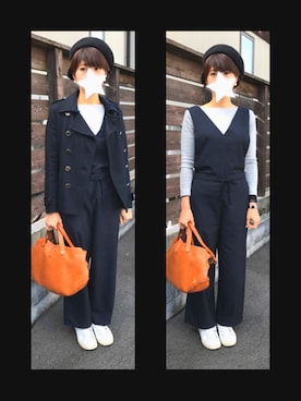 「スタンスミス」｜「アイテム（つなぎ/オールインワン）」を使った、かえさん（レディース・161cm）の冬コーディネート