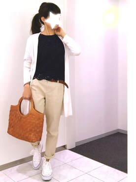 「H&M（エイチ・アンド・エム）のアイテム（カーディガン/ボレロ、ホワイト系）」を使った、かえさん（レディース・161cm）の春コーディネート
