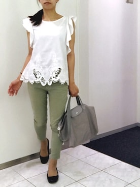 「カーキパンツ」｜かえさん（レディース・161cm）の夏コーディネート