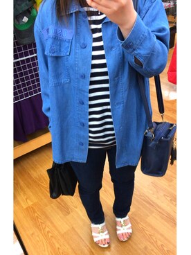「GU（ジーユー）の（GU）ボーダークルーネックＴ（半袖）（トップス、ホワイト系）」を使った、CHIHIROさん（レディース・143cm）の春コーディネート