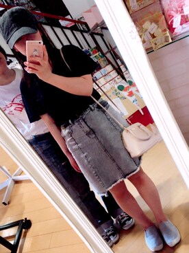 「GU（ジーユー）の（GU）フリルスリーブＴ（半袖）（トップス、ブラック系）」を使った、CHIHIROさん（レディース・143cm）の夏コーディネート