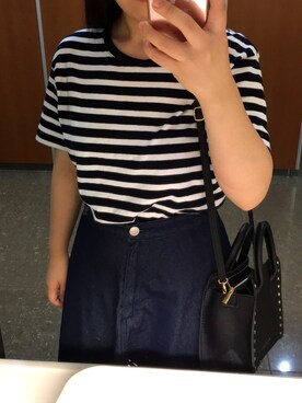「GU（ジーユー）の（GU）ボーダークルーネックＴ（半袖）（トップス、ホワイト系）」を使った、CHIHIROさん（レディース・143cm）の夏コーディネート