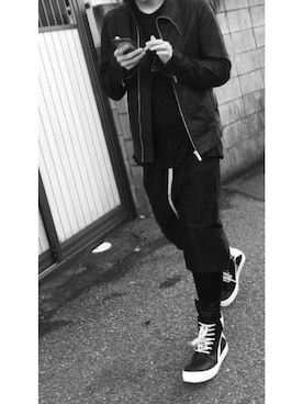 「Rick Owens（リックオウエンス）のアイテム（ライダースジャケット）」を使った、KIRIさん（メンズ・180cm）の春コーディネート