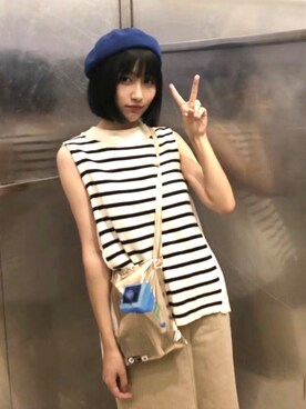 「日常」｜「アイテム（ハンチング/ベレー帽）」を使った、Zoey Wangさん（レディース・164cm）の夏コーディネート