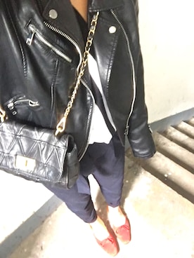 「stradivarius（ストラディバリウス）のアイテム（ライダースジャケット）」を使った、yuki_xuさん（レディース・158cm）の春コーディネート
