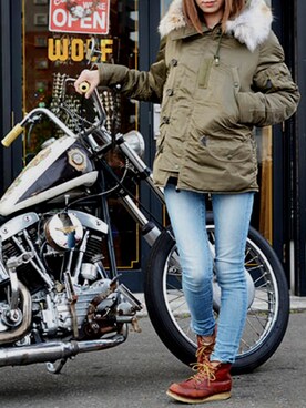 デニムパンツを使った バイク女子 のメンズ人気ファッションコーディネート Wear
