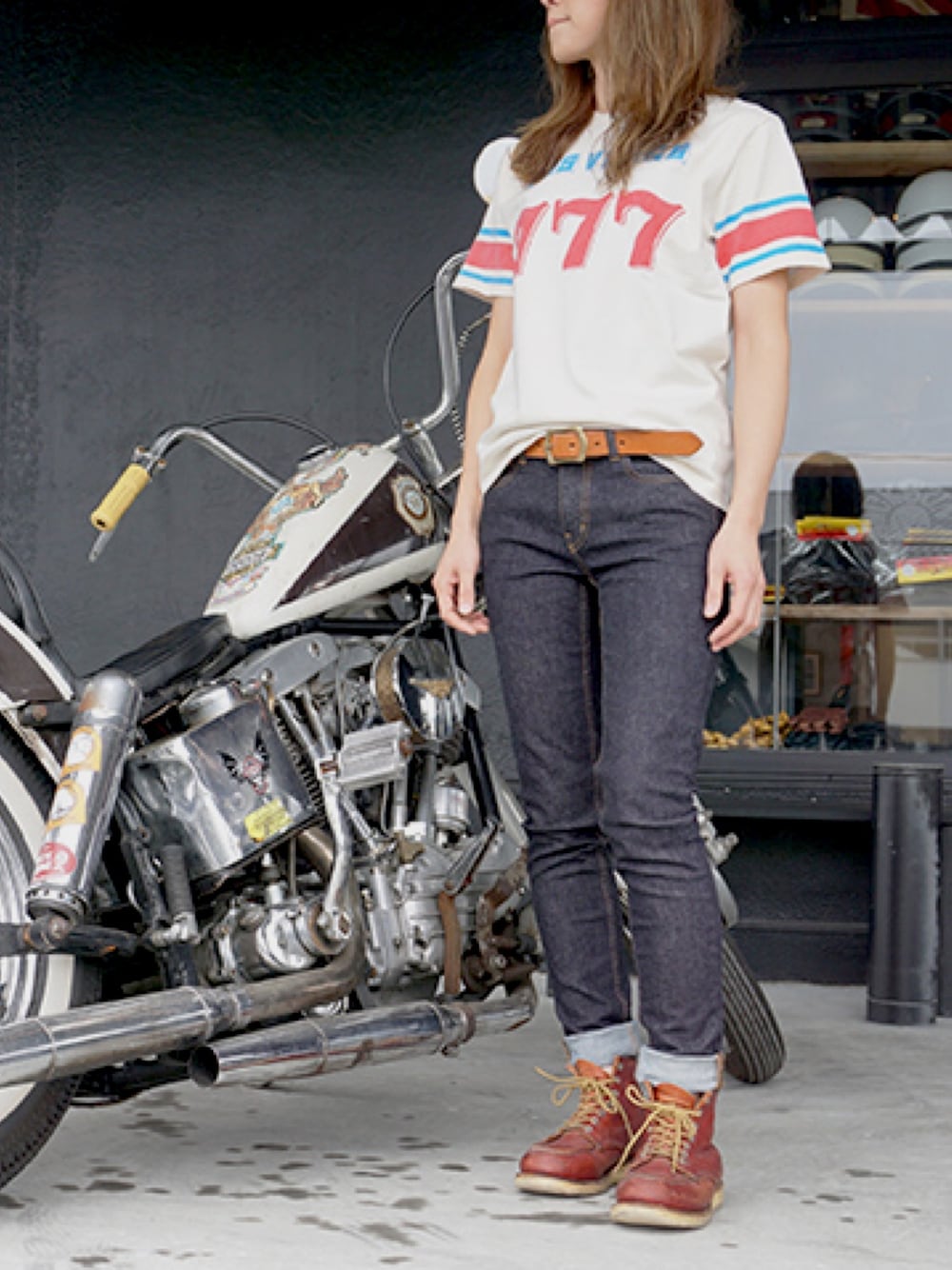 「アメカジ女子、バイク女子、ハーレー女子、ストレッチスキニー、ママコーデ」｜「JELADOのアイテム（デニムパンツ、ブルー系）」を使った、wolfpack_mayuさん（レディース・160cm）の夏コーディネートの1枚目の写真