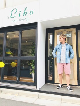 「UNIQLO（ユニクロ）のアイテム（チノパンツ、ピンク系）」を使った、TKMさん（メンズ・169cm）の夏コーディネート