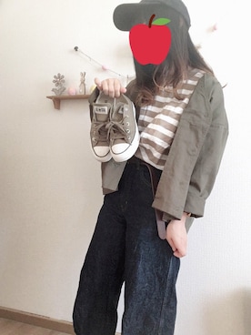 「UNIQLO（ユニクロ）のハイライズワイドストレートジーンズ（デニムパンツ）」を使った、mamu🐾さん（レディース・147cm）の春コーディネート