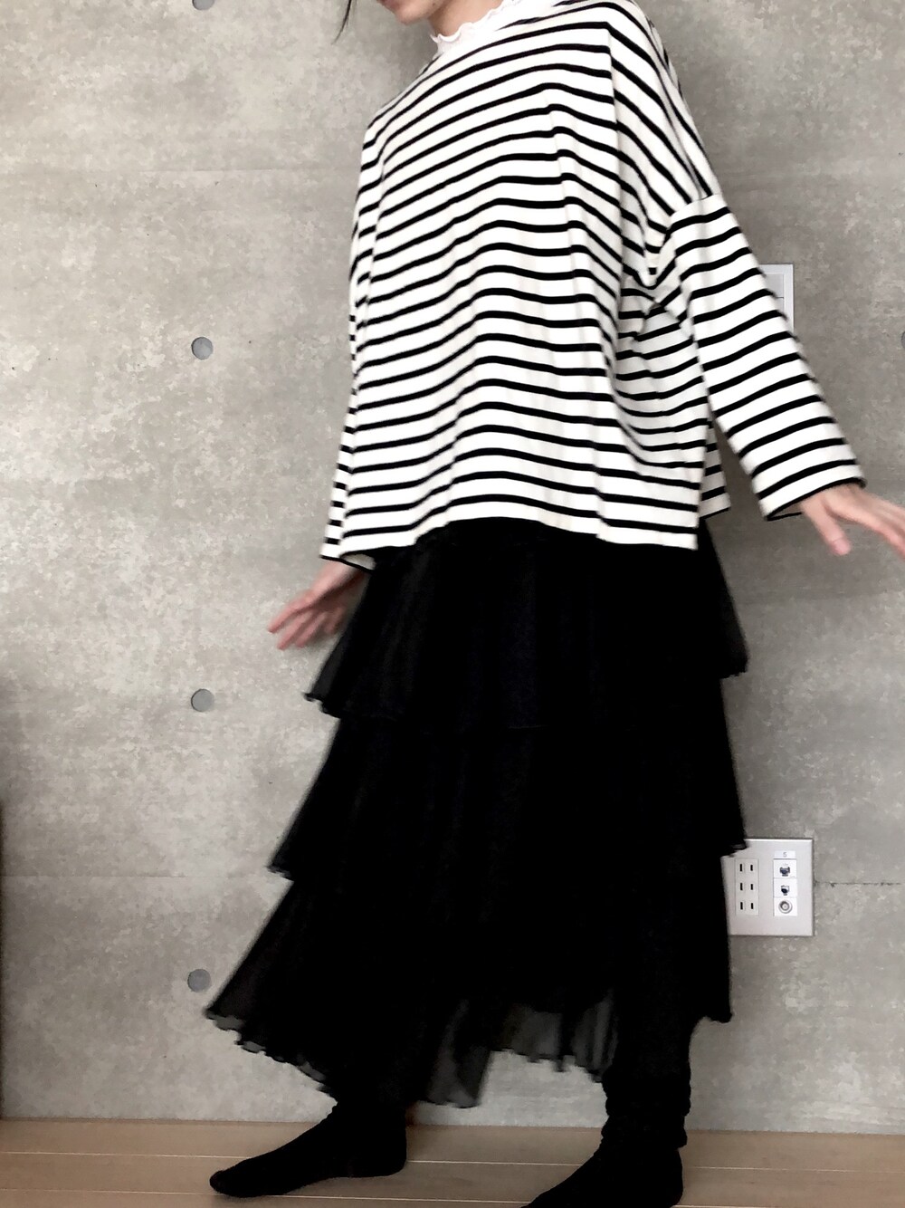 「note et silence の40/2度詰天竺ボーダー ワイドTシャツ（Tシャツ/カットソー、その他）」を使った、ferisiaさん（レディース・153cm）の秋コーディネートの1枚目の写真