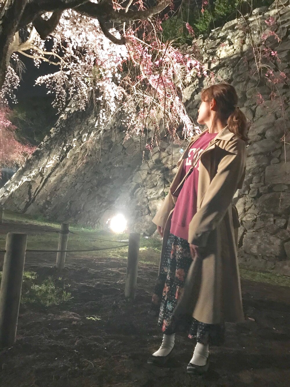 「お花見、ピンク、花柄、春コーデ、スウェット、トレンチコート」｜「RAY CASSINのピグメント加工裏毛ロゴプルオーバー（スウェット、ピンク系）」を使った、はるんちゅさん（レディース・152cm）の春コーディネートの1枚目の写真