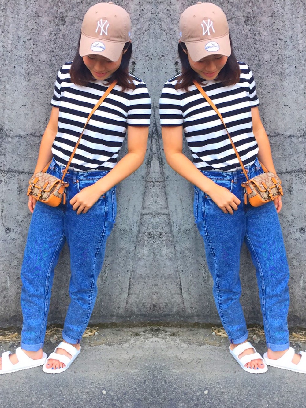 「#シンプルコーデ、birkenstock、デニム、NEW ERA、無印良品」｜「NEW ERAのWEGO/NEW ERA 9TWENTY（キャップ、ベージュ系）」を使った、miyuuさん（レディース・160cm）の夏コーディネートの1枚目の写真