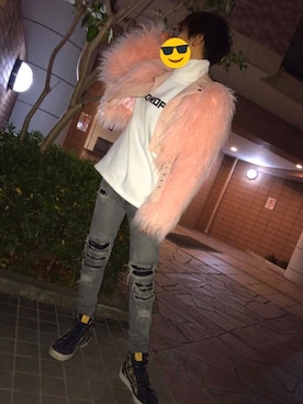 「アイテム（ライダースジャケット、ピンク系）」を使った、ss.さん（メンズ・162cm）の冬コーディネート