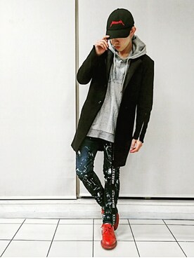 「glamb（グラム）のアイテム（チェスターコート）」を使った、KAZUYAさん（メンズ・172cm）の秋コーディネート