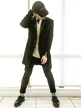 「glamb（グラム）のアイテム（チェスターコート）」を使った、KAZUYAさん（メンズ・172cm）の冬コーディネート