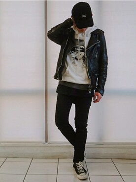 「フォロバ」｜「アイテム（ライダースジャケット）」を使った、KAZUYAさん（メンズ・172cm）の冬コーディネート