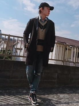 「glamb（グラム）のアイテム（チェスターコート）」を使った、KAZUYAさん（メンズ・172cm）の冬コーディネート