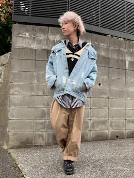 KAZUYAさんの「ビックシルエット ロングシャツ <チェック or ストライプ>」を使ったコーディネート