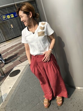 Yukiさんの「パッチド デニム キーホールネックTシャツ/PATCHED DENIM KEY HOLE NECK T-SHIRT」を使ったコーディネート