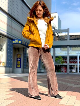 「マスタード」｜「アイテム（ライダースジャケット）」を使った、Yukiさん（レディース・159cm）の夏コーディネート