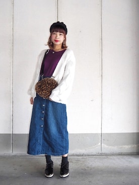「DISCOAT（ディスコート）の太ケーブルカーディガン（カーディガン/ボレロ）」を使った、misaさん（レディース・155cm）の秋コーディネート