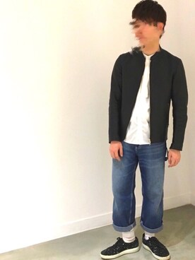 「ソックス」｜「アイテム（ライダースジャケット）」を使った、みゅーたさん（メンズ・171cm）の春コーディネート