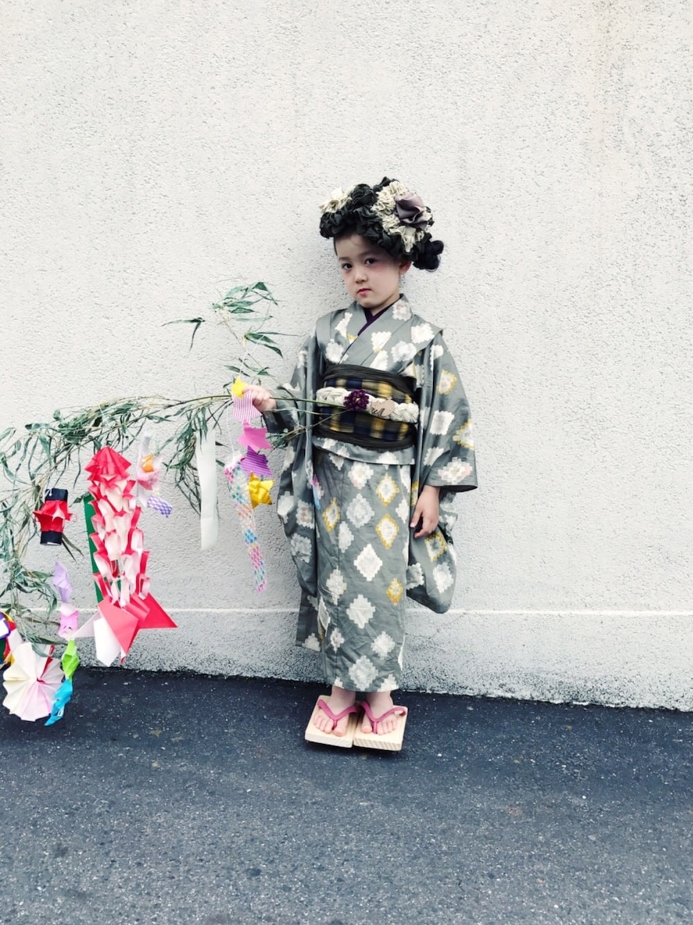 「七夕、七夕祭り、浴衣、浴衣女子、浴衣子供、髪飾り、KIYATA、下駄」｜「Handmadeのアイテム（浴衣、グリーン系）」を使った、riccarinさん（キッズ・110cm）の夏コーディネートの1枚目の写真